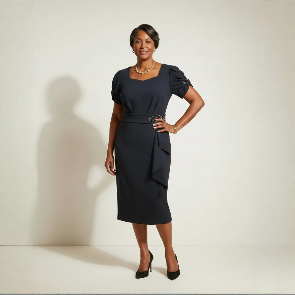 Black Midi Sheath Dress with Puff Sleeves & Draped Waist Detail