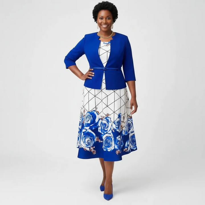 White & Blue Dress with Royal Blue Jacket