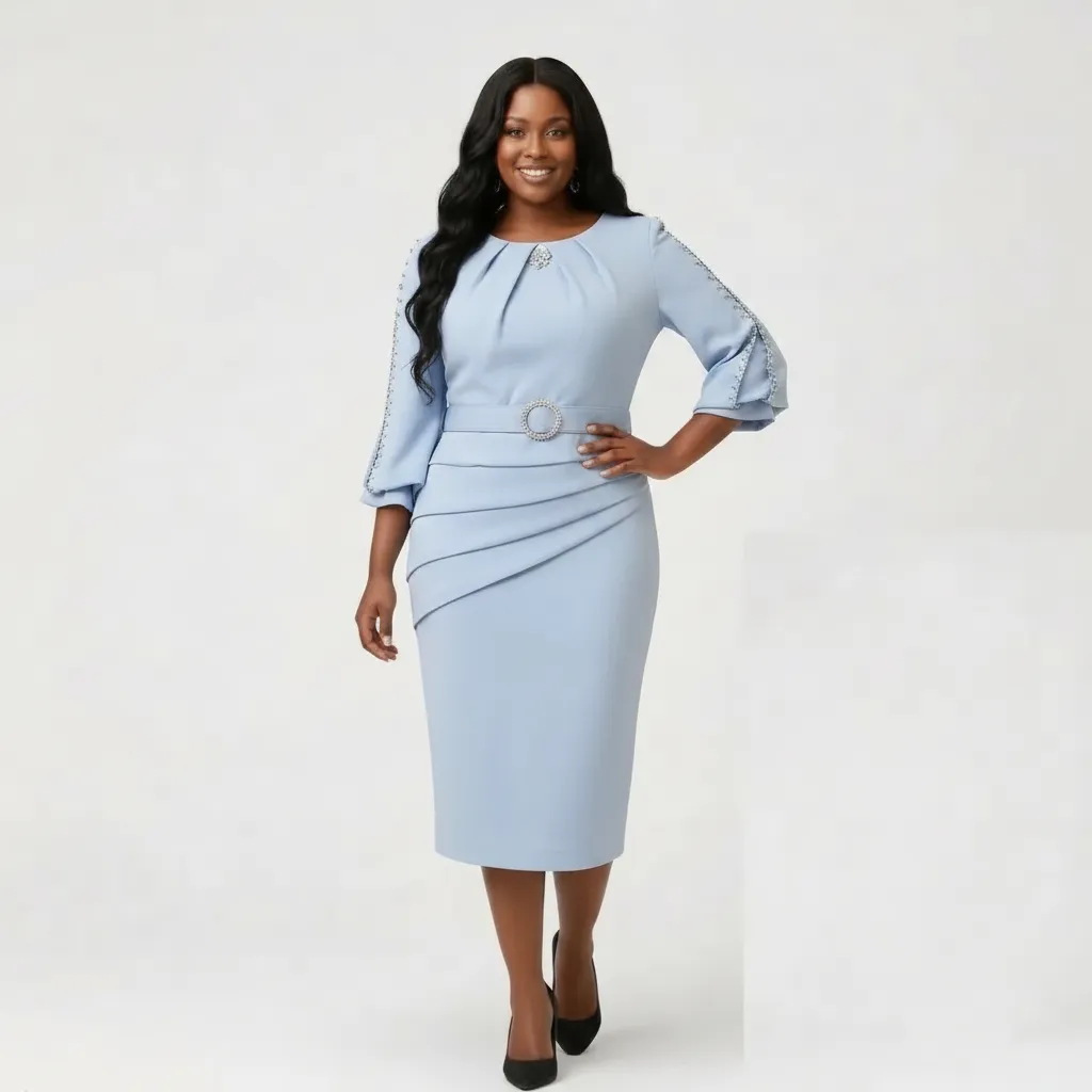 Light Blue Midi Sheath Dress with Embellished Sleeves