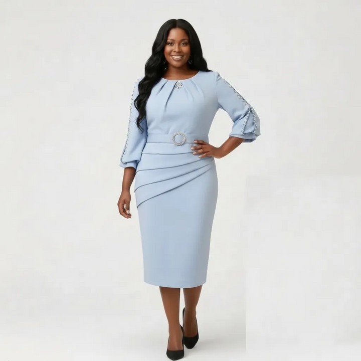 Light Blue Midi Sheath Dress with Embellished Sleeves