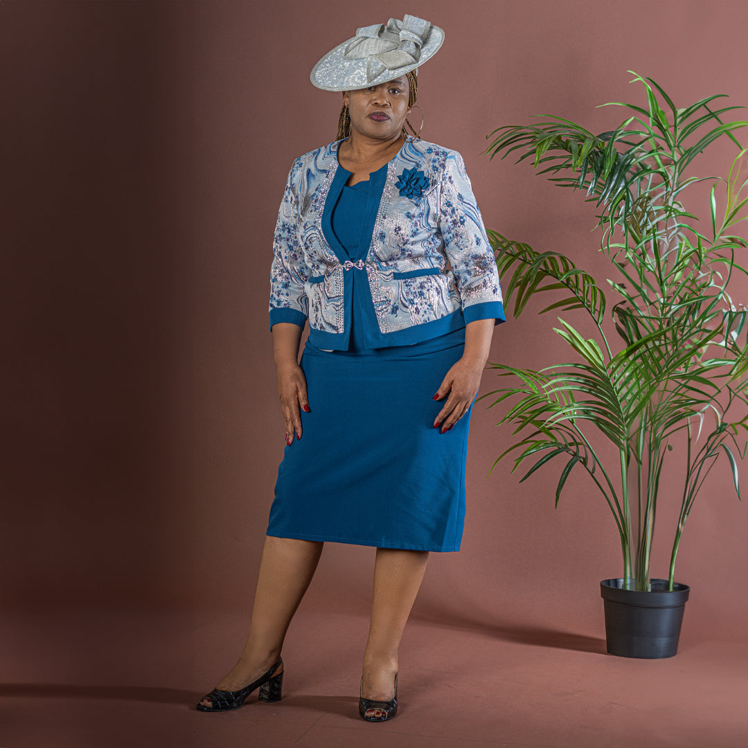 Blue & Silver Dress & Floral Jacquard Jacket Set