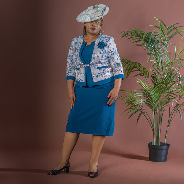 Blue & Silver Dress & Floral Jacquard Jacket Set