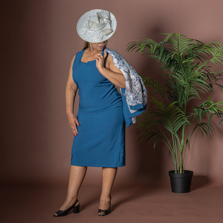 Blue & Silver Dress & Floral Jacquard Jacket Set
