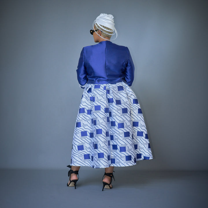 Blue & White Box Pleat Dress with Bolero Jacket