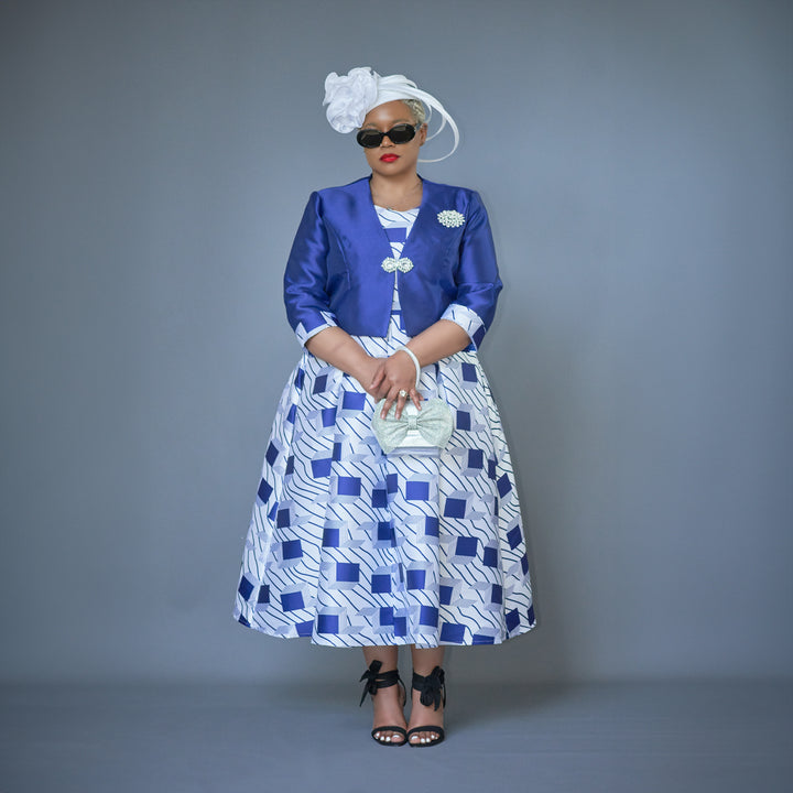 Blue & White Box Pleat Dress with Bolero Jacket
