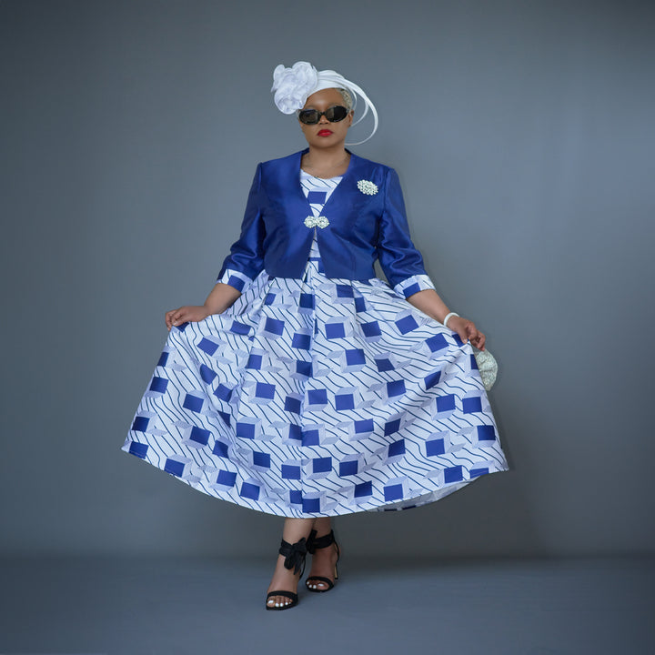 Blue & White Box Pleat Dress with Bolero Jacket