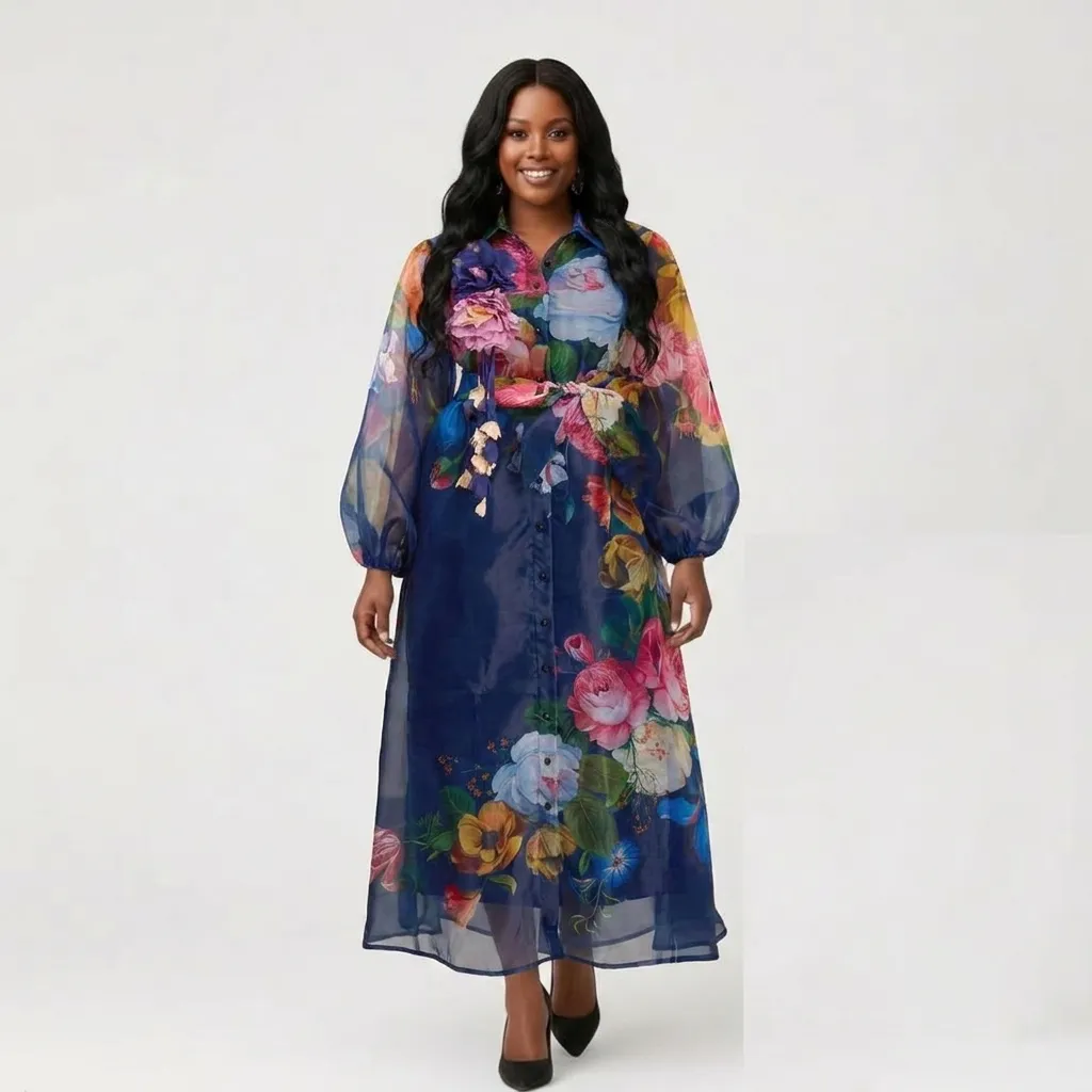 Navy Floral Organza Midi Dress with Long Sheer Sleeves