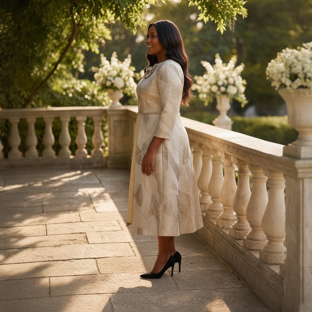 Champagne Midi Dress with Patterned Overskirt & Floral Shoulder Detail