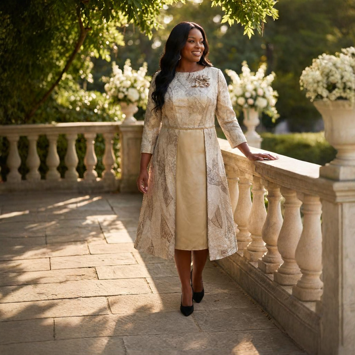 Champagne Midi Dress with Patterned Overskirt & Floral Shoulder Detail