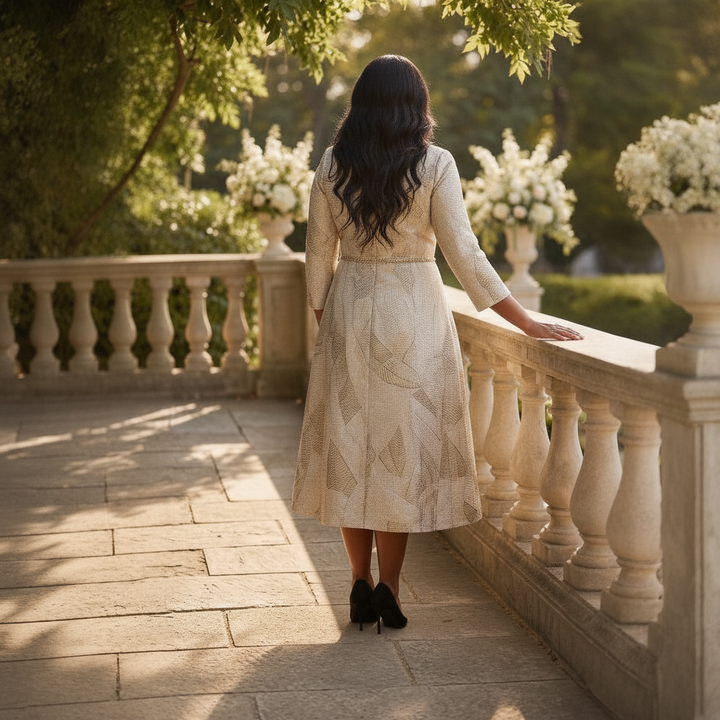 Champagne Midi Dress with Patterned Overskirt & Floral Shoulder Detail