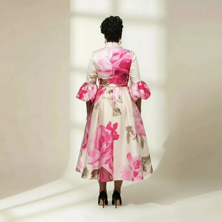 Cream Floral Midi Dress with Pink Roses