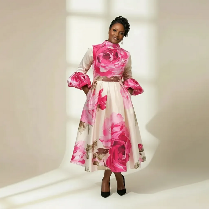 Cream Floral Midi Dress with Pink Roses