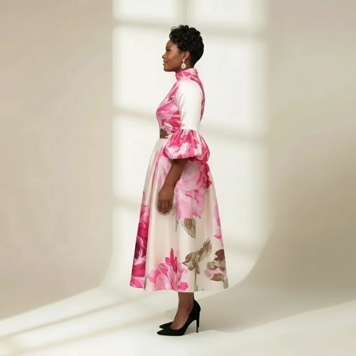 Cream Floral Midi Dress with Pink Roses