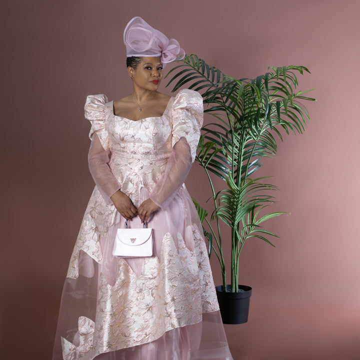 Elegant Fit & Flare Pink Maxi Dress with Jacquard & Mesh Detailing