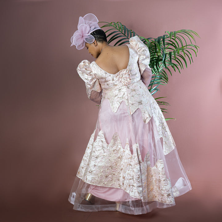 Elegant Fit & Flare Pink Maxi Dress with Jacquard & Mesh Detailing