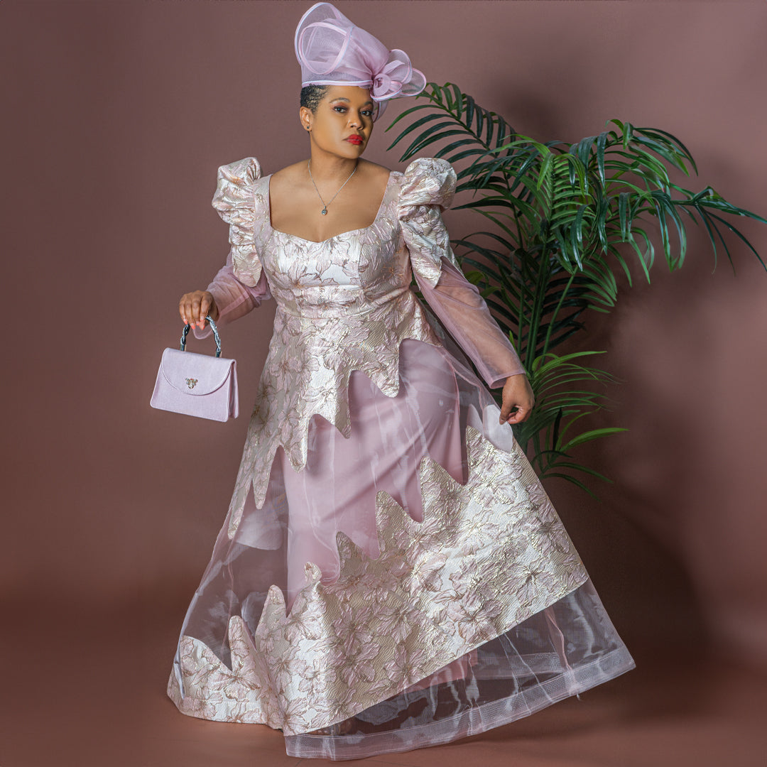 Elegant Fit & Flare Pink Maxi Dress with Jacquard & Mesh Detailing