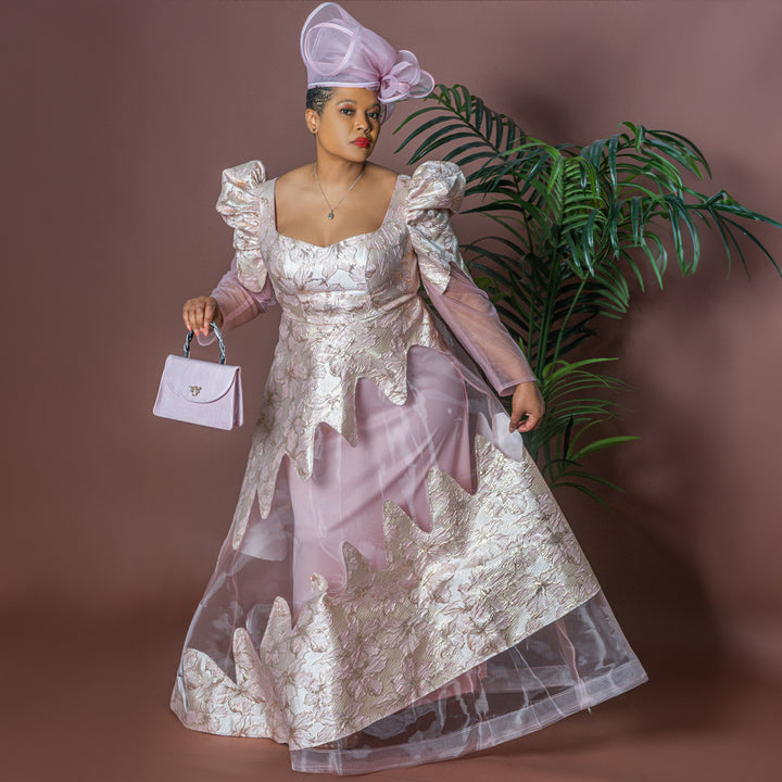 Elegant Fit & Flare Pink Maxi Dress with Jacquard & Mesh Detailing