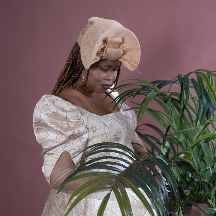 Elegant Fit & Flare Gold Maxi Dress with Jacquard & Mesh Detailing