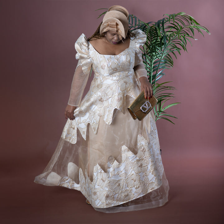 Elegant Fit & Flare Gold Maxi Dress with Jacquard & Mesh Detailing