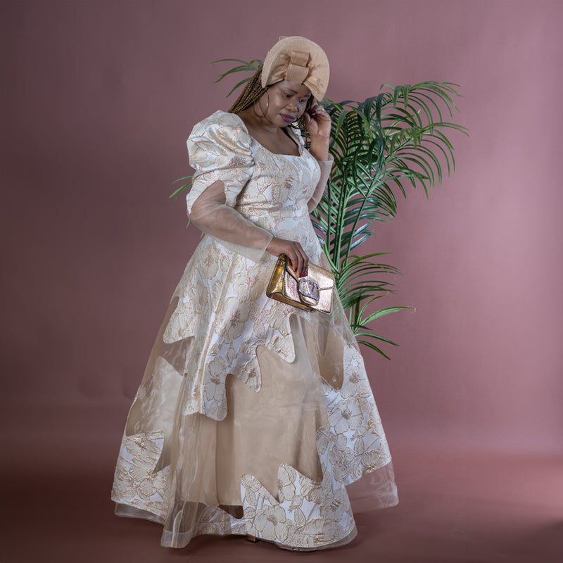 Elegant Fit Flare Gold Maxi Dress with Jacquard Mesh Detailing Cerrura Fashions