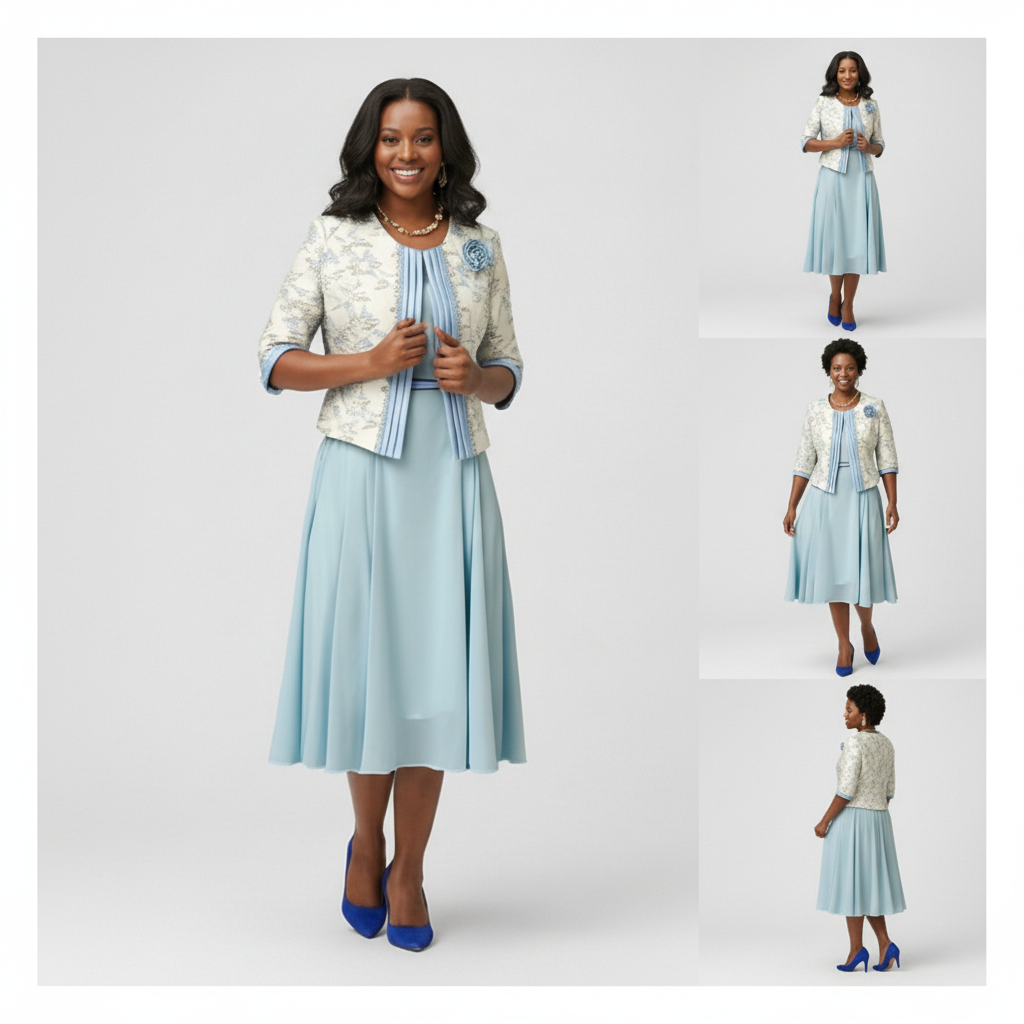 Elegant Light Blue Chiffon Dress & Floral Jacquard Jacket Set