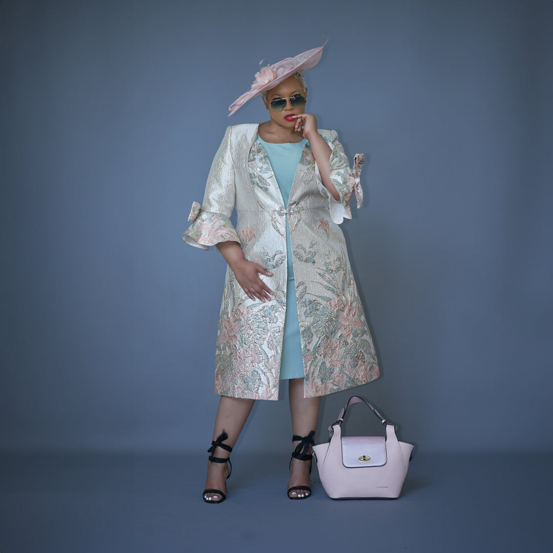 Elegant Turquoise MOB Dress UK With Floral Jacket