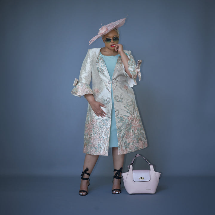 Elegant Turquoise MOB Dress UK With Floral Jacket