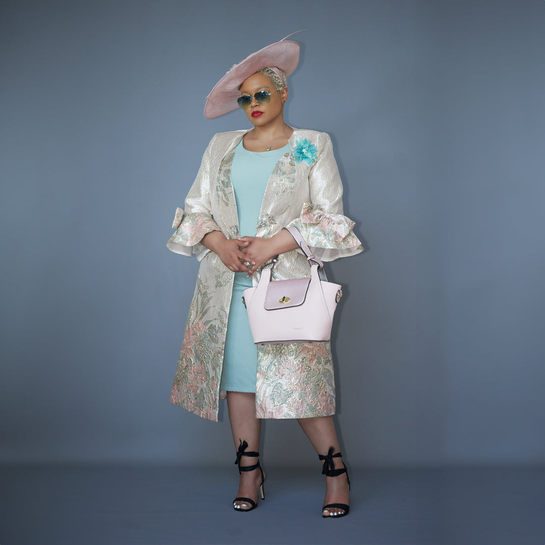 Elegant Turquoise MOB Dress UK With Floral Jacket