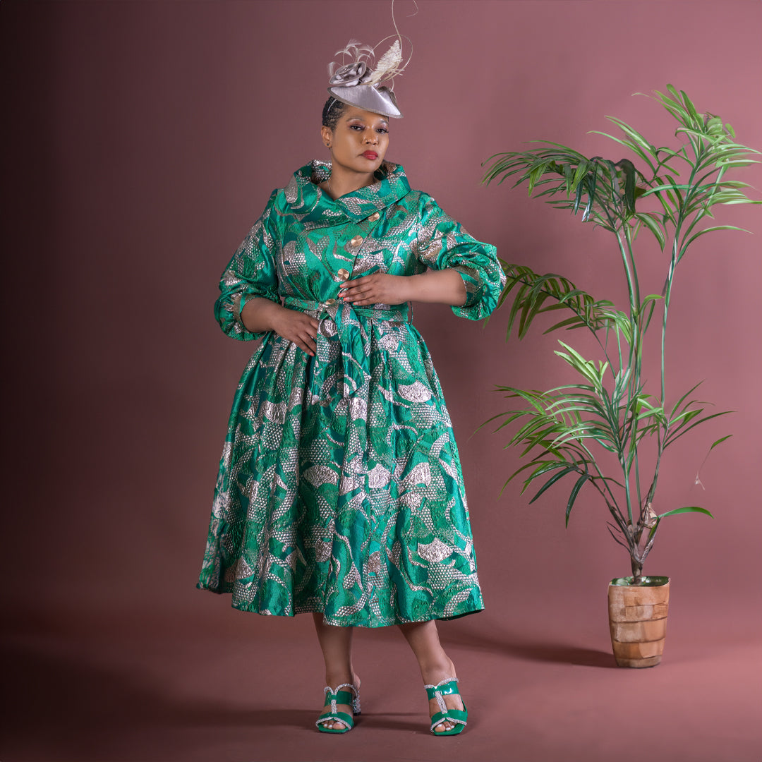 Emerald Green & Nude Jacquard Fit and Flare Dress