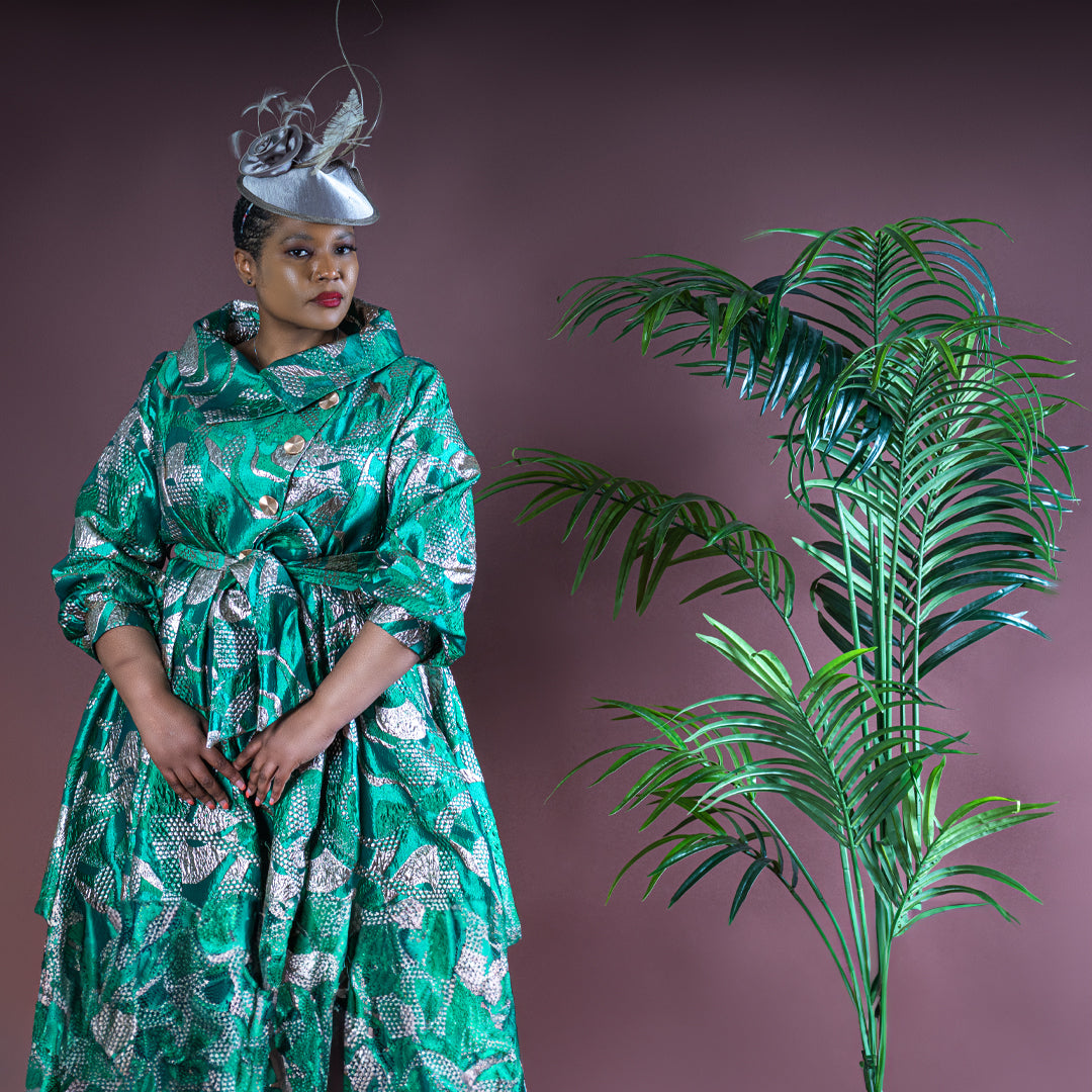 Emerald Green & Nude Jacquard Fit and Flare Dress