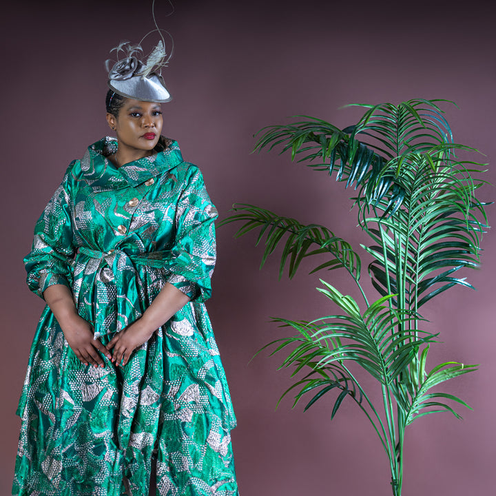 Emerald Green & Nude Jacquard Fit and Flare Dress