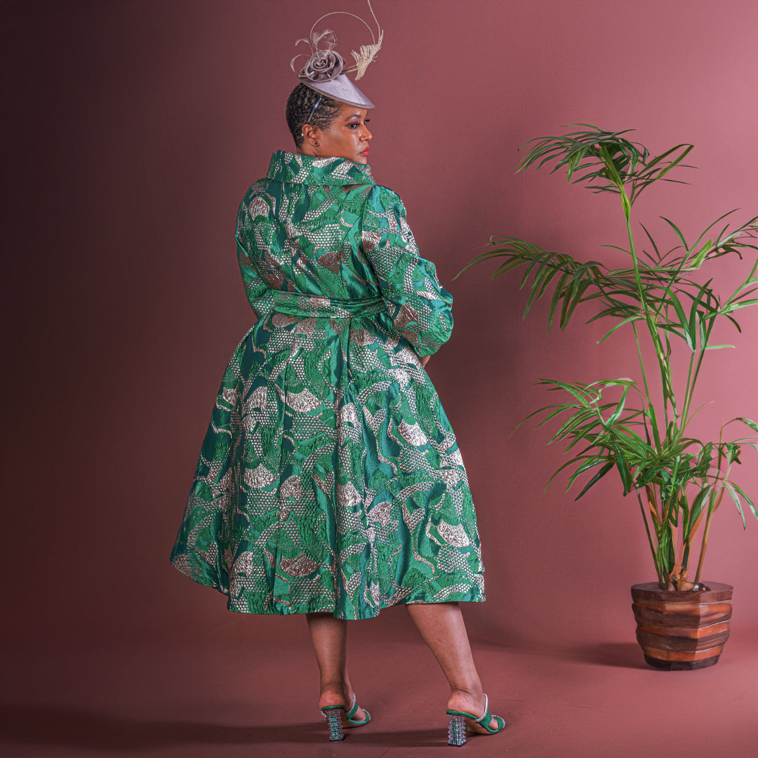 Emerald Green & Nude Jacquard Fit and Flare Dress
