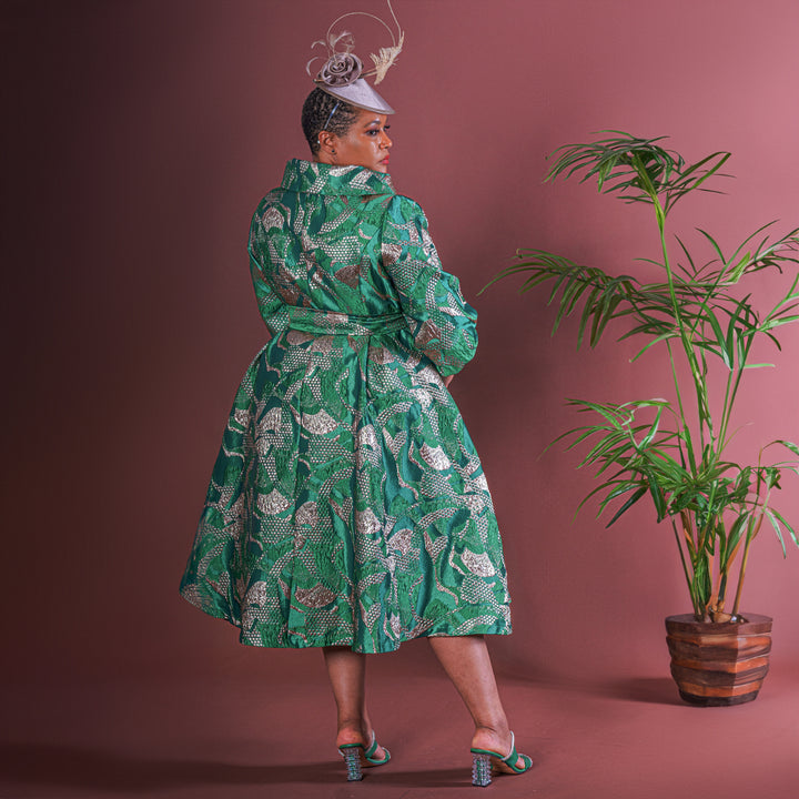 Emerald Green & Nude Jacquard Fit and Flare Dress