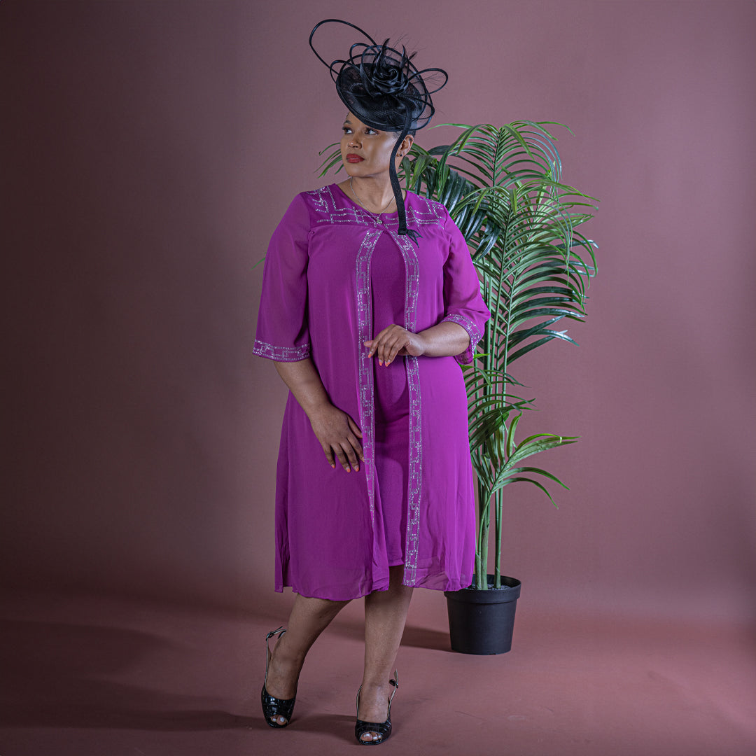 Fuchsia Pink Chiffon Dress with Diamante Detail