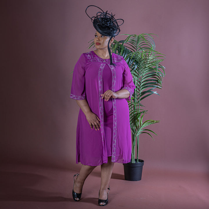 Fuchsia Pink Chiffon Dress with Diamante Detail