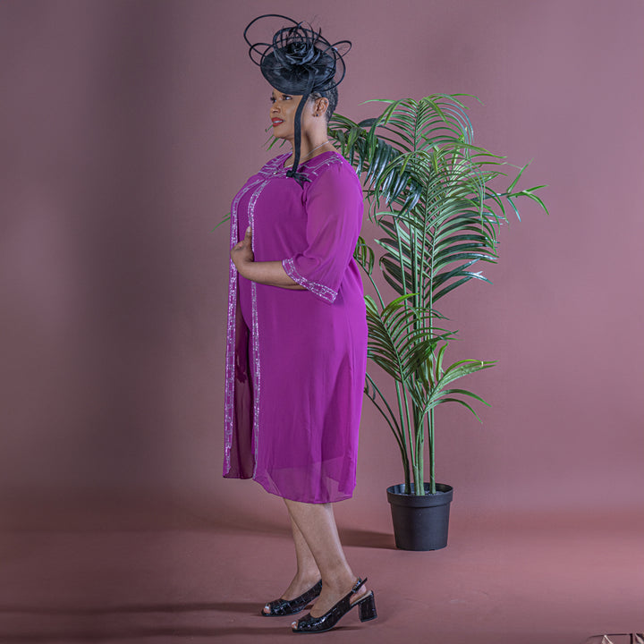 Fuchsia Pink Chiffon Dress with Diamante Detail