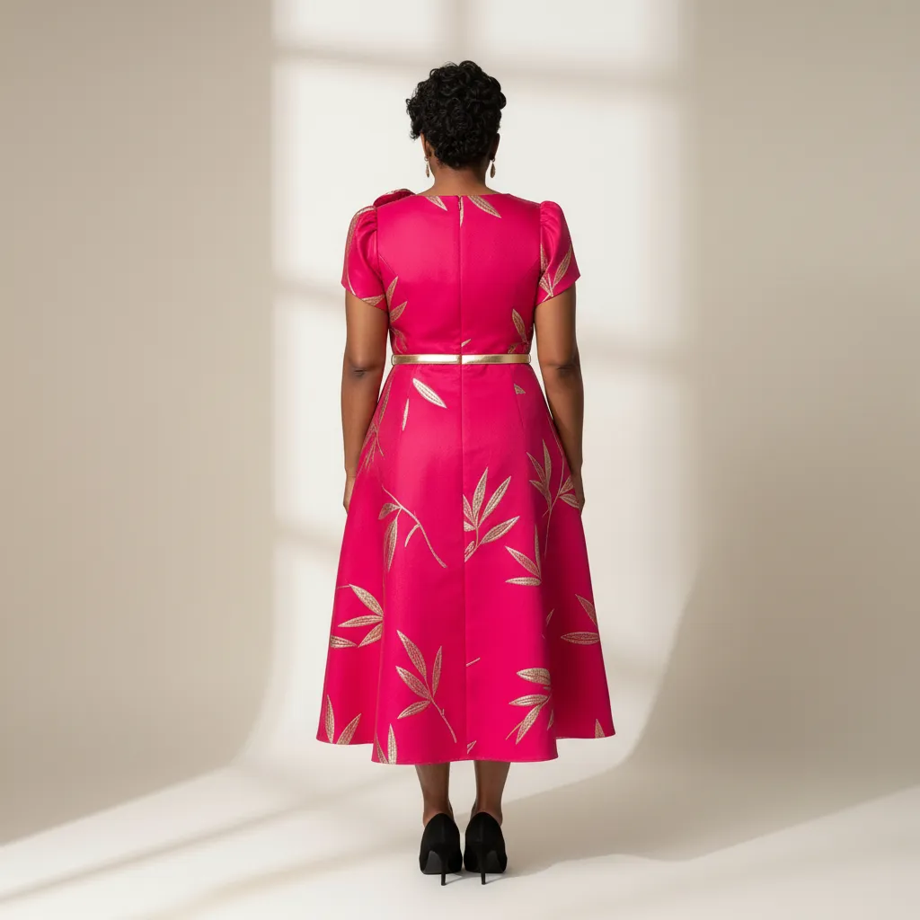 Fuchsia & Gold Flared Midi Wedding Guest Dress