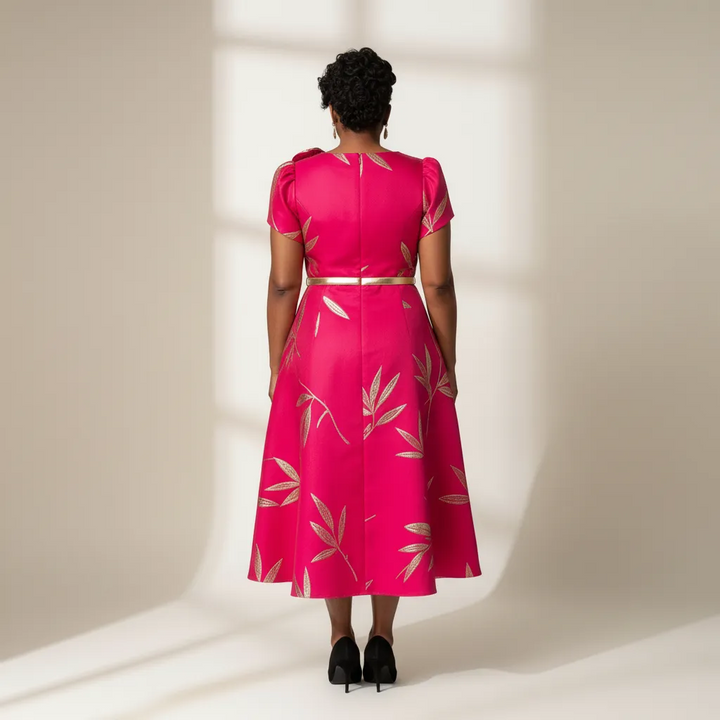 Fuchsia & Gold Flared Midi Wedding Guest Dress