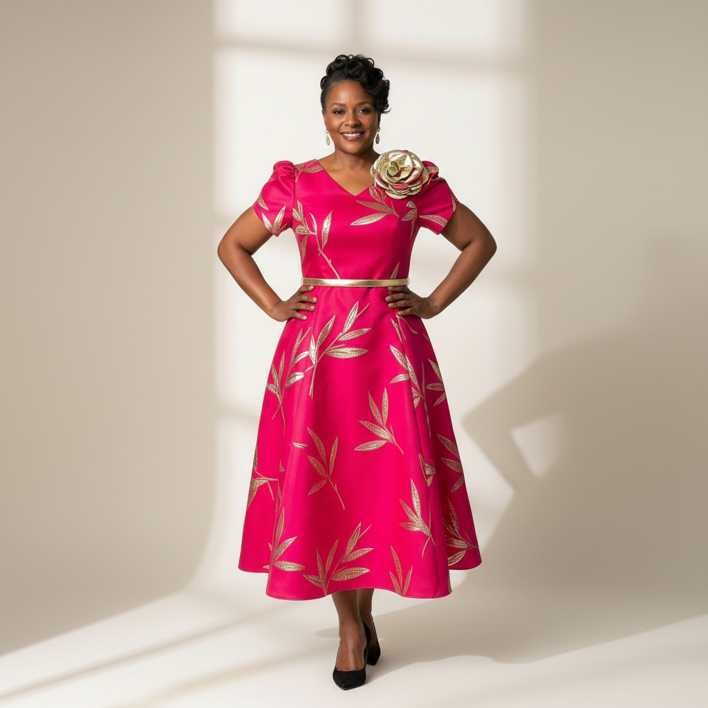 Fuchsia & Gold Flared Midi Wedding Guest Dress
