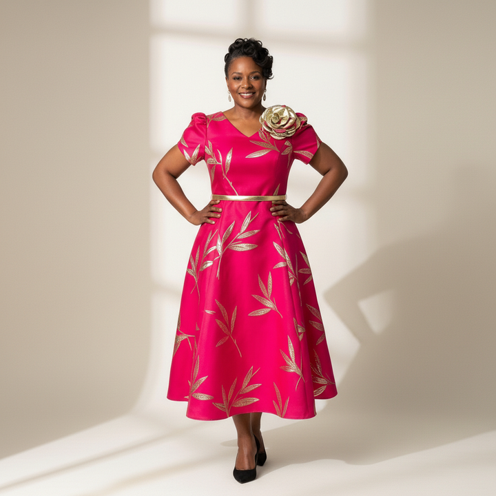 Fuchsia & Gold Flared Midi Wedding Guest Dress