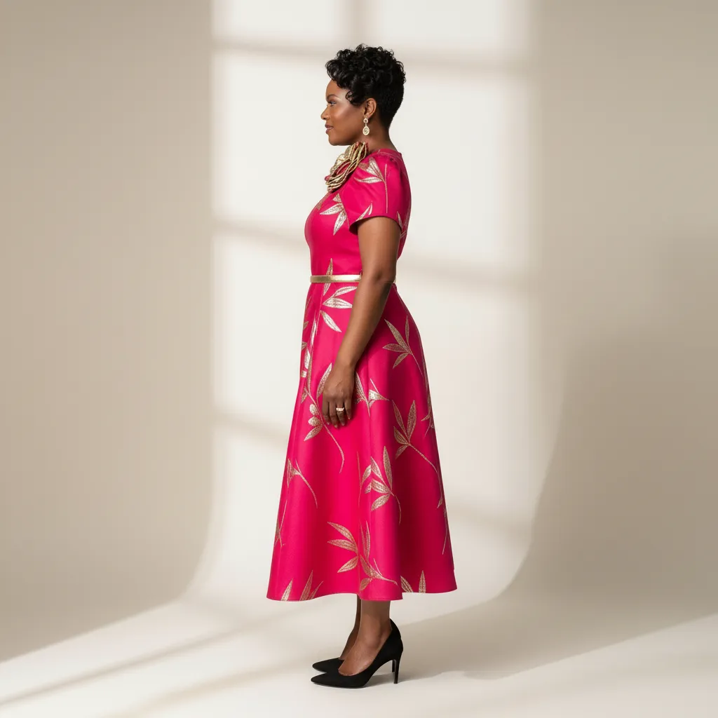 Fuchsia & Gold Flared Midi Wedding Guest Dress