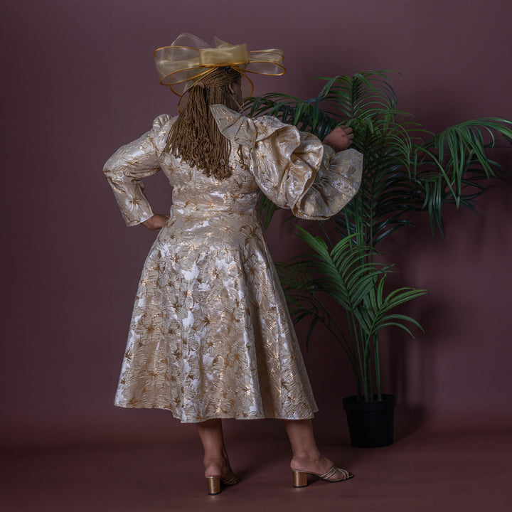 Gold Jacquard Dress with Cascading Ruffle Sleeve