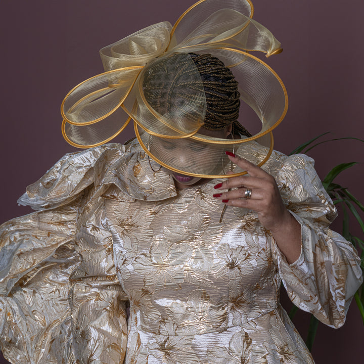 Gold Jacquard Dress with Cascading Ruffle Sleeve