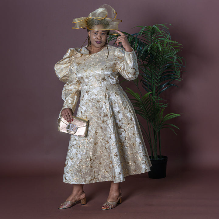 Gold Jacquard Dress with Cascading Ruffle Sleeve