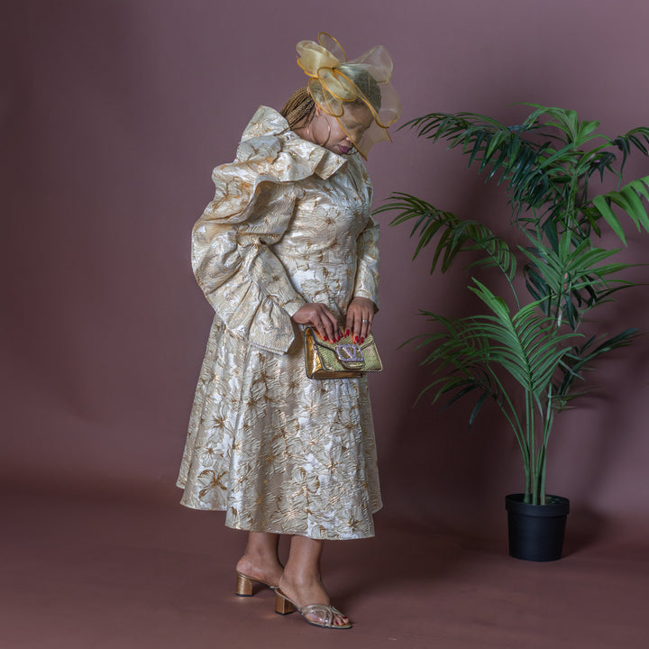 Gold Jacquard Dress with Cascading Ruffle Sleeve