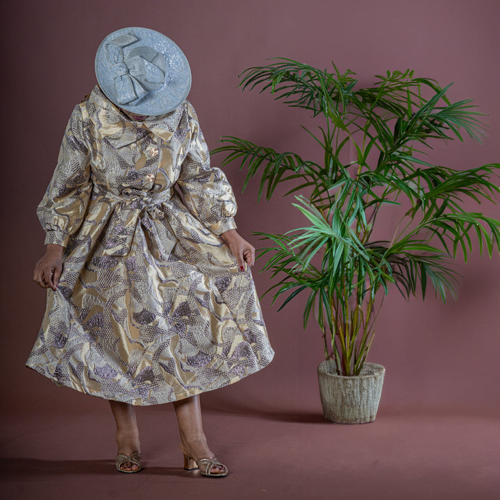 Gold Jacquard Fit and Flare Dress