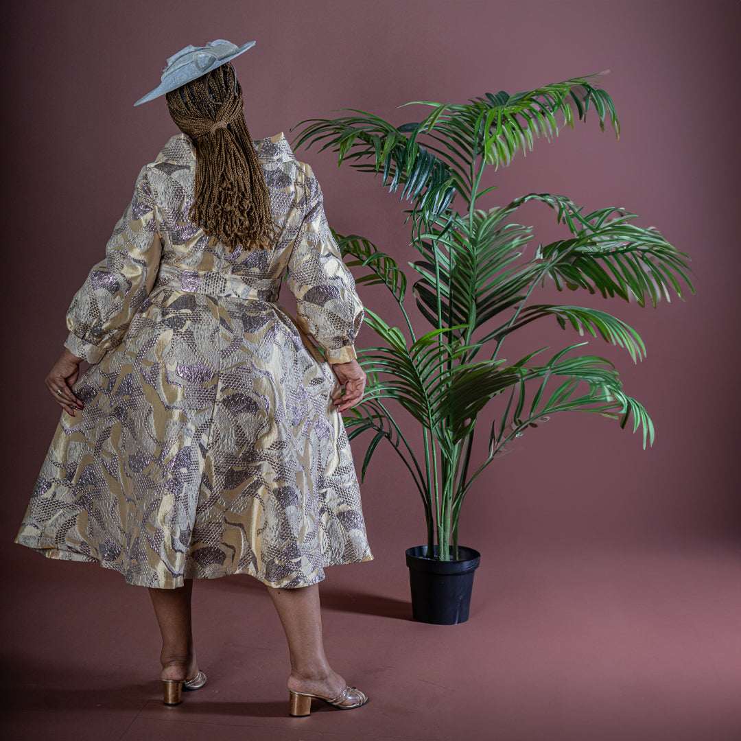 Gold Jacquard Fit and Flare Dress