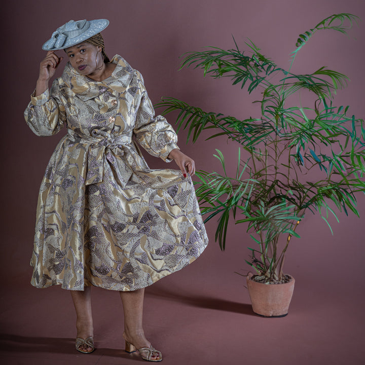 Gold Jacquard Fit and Flare Dress
