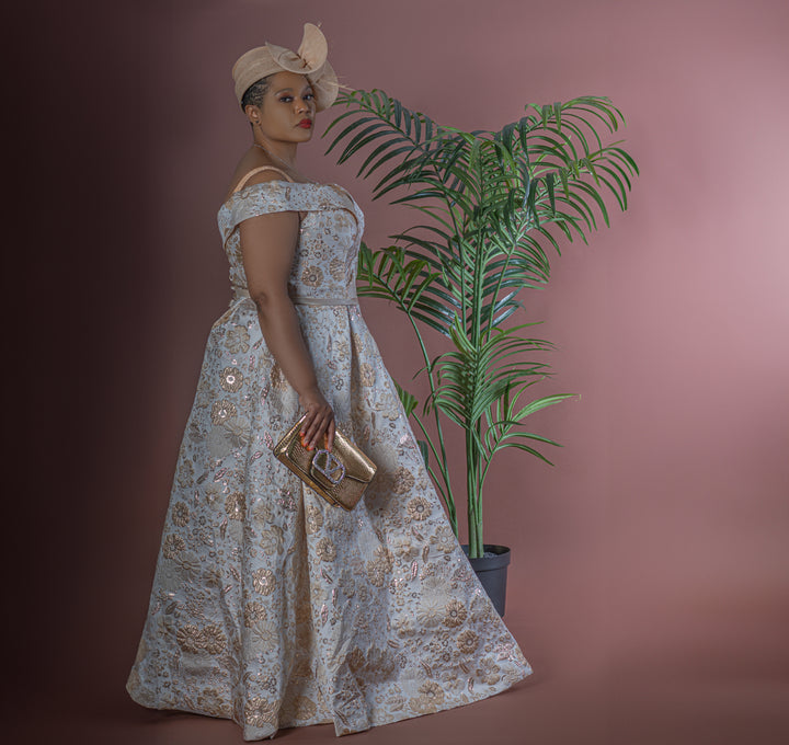 Gold Floral Jacquard Fit and Flare Maxi Dress with Box Pleats