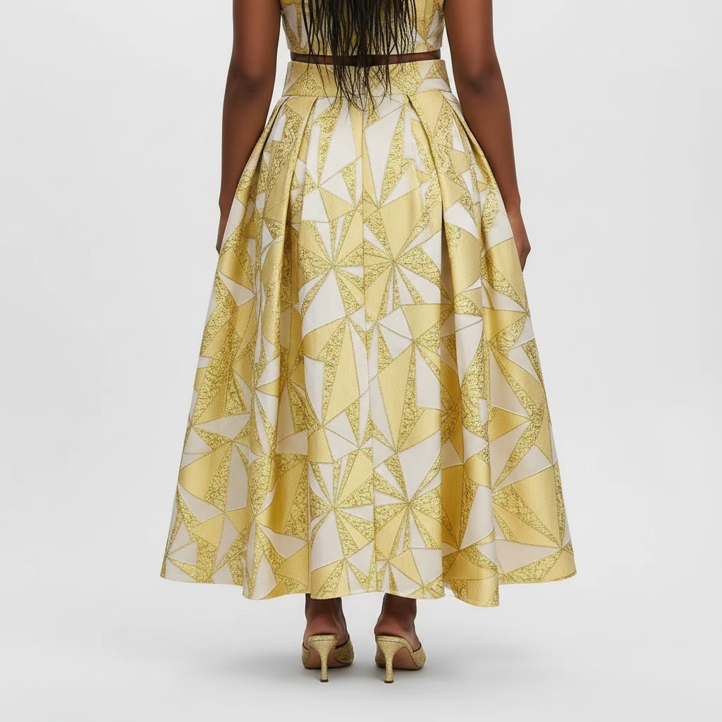 Gold & White Geometric High‑Waist Maxi Skirt with Front Bow